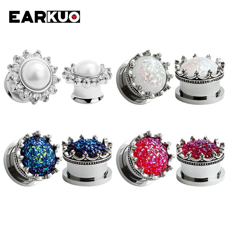 EARKUO Best Selling Flower Zircon Crystal Stainless Steel Ear Plugs Stretchers Gauges Piercing Body Jewelry Ear Expanders 2PCS