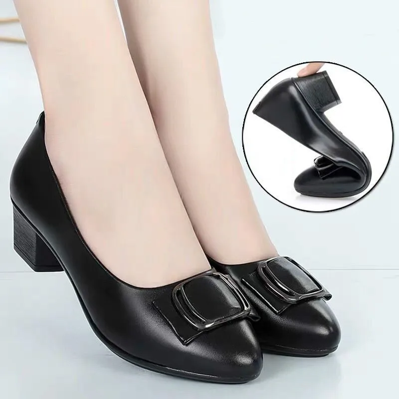 New Middle-aged Women\'s Pumps PU Leather Soft Sole Comfortable Non-slip Mid-heel Single Shoes Mother Shoes Leather Shoes Women