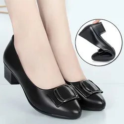 New Middle-aged Women's Pumps PU Leather Soft Sole Comfortable Non-slip Mid-heel Single Shoes Mother Shoes Leather Shoes Women