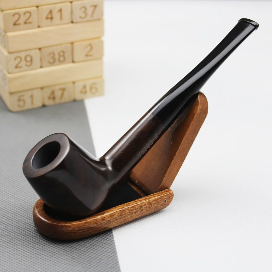 Cool Handmade 100% Nature Ebony Wood Straight Type Smoking Pipe Tobacco Wooden Pipe Gift 10X 9mm Filters + Pouch + Holder #519bS