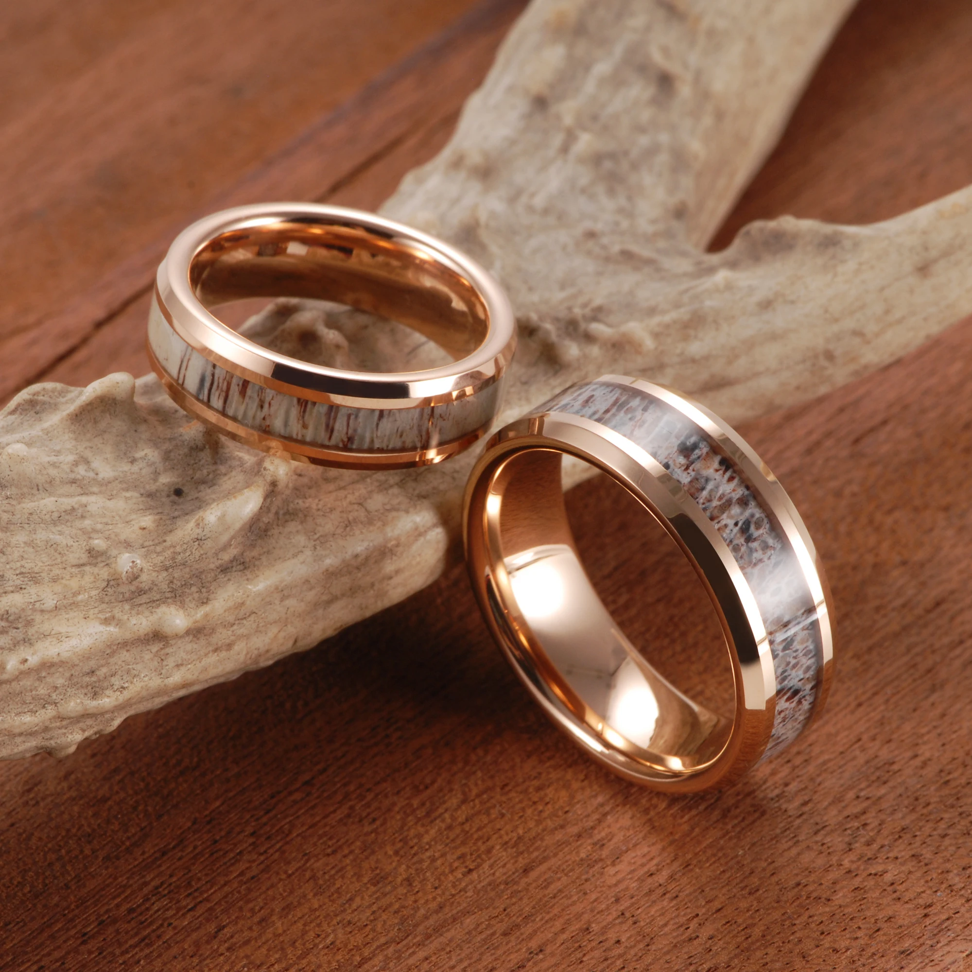 Couples Rose Gold Deer Antler Ring Set 6mm&8mm Tungsten Antler Wedding Bands Anniversary Rings Antler Wedding Band for Men Women