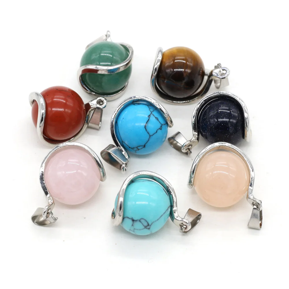 Natural Stone Rose Quartzs Tiger Eye Stone Pendants Metal Alloy Round Shape Stone Charms for Jewelry Making DIY Necklace 16x23mm