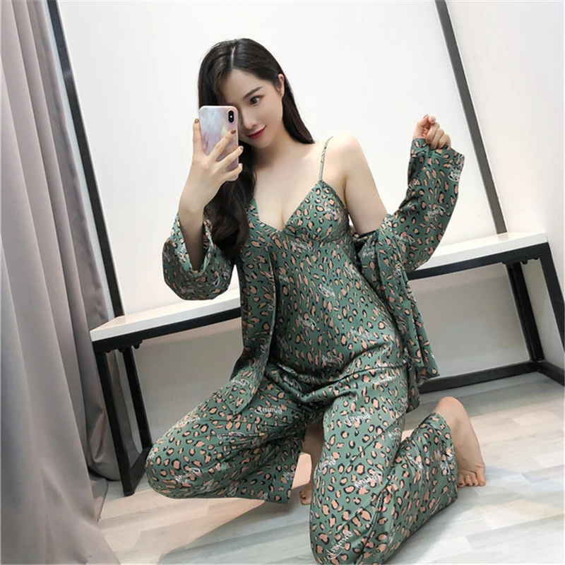 

Kimono nightgown new long-sleeved pajamas feminine suspenders chest pad cardigan outer robe trousers leopard three-piece suit