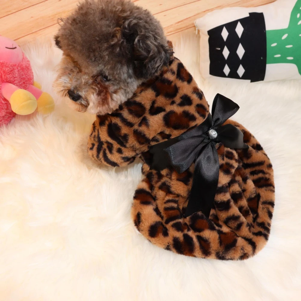 Warm Pet Dog Dress Bowknot Leopard Dogs Skirt Fleece Soft Small Puppy Dresses Pet Dog Cats Clothes Chihuahua Pug Apparel