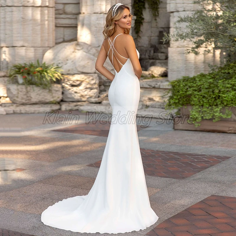 Personalizzato Weilinsha semplice senza spalline abito da sposa a sirena sexy scollo a V Sweep Train senza maniche abito da sposa senza schienale Vesti