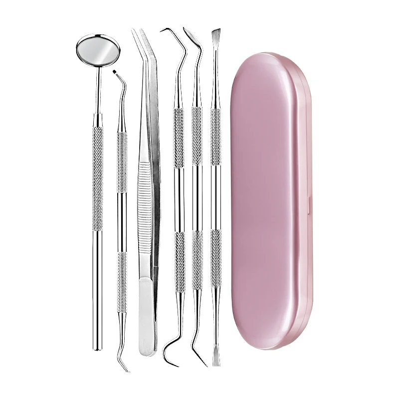 6pc/box Dental Mirror set pink box Sickle Scaler Teeth Pick Spatula Dental Lab Dentist Oral Care Tooth Cleaning Tools instrument