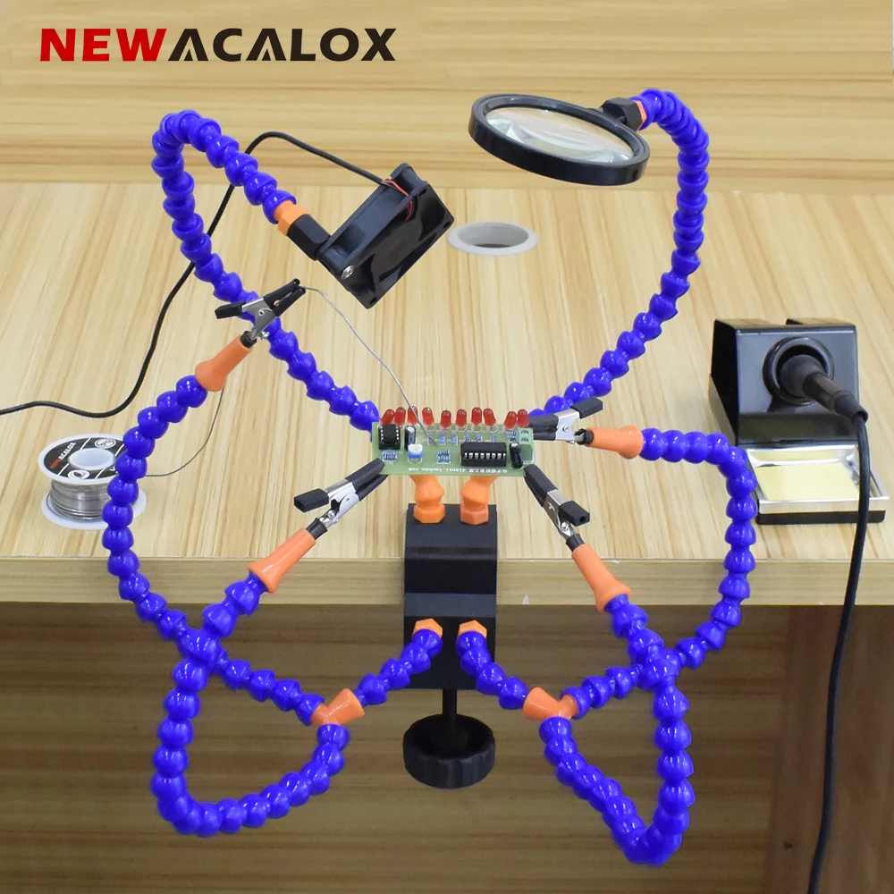 NEWACALOX Table Clamp Soldering Third Hand with 3X Magnifier Welding Exhaust Fan USB Rechargeable Flashlight Soldeirng Holder