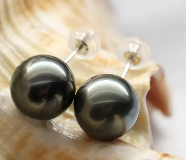 

free shipping charming huge 10-11mm tahitian black green round pearl earring