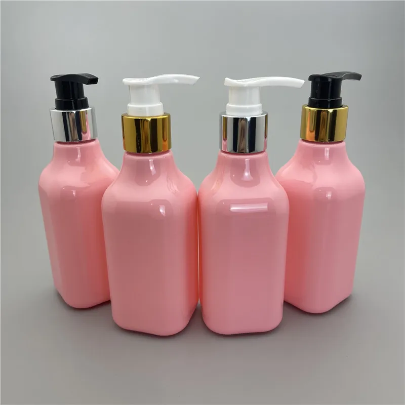 

200ML X 24 Pink Square Plastic Bottles Empty Cosmetic Container Shampoo Shower Gel Bottles With Gold silver Collar Lotion Pump