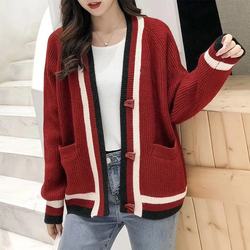 Ladies sweater 2023 fashion new loose western style long-sleeved v-neck color matching knitted single-breasted cardigan women