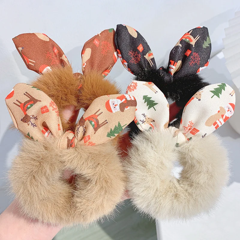 Christmas Print Cute Rabbit Ear Fluffy Faux Fur Scrunchie Girls Hair Bands Rubber Band Women Hair Rope Ties For Hair Accessories