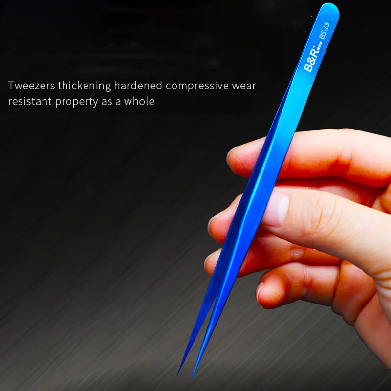 Blue Electronics Industrial Tweezers Straight Tip Precision Stainless Steel Forceps Soldering SMD Phone Repair Hand Tools