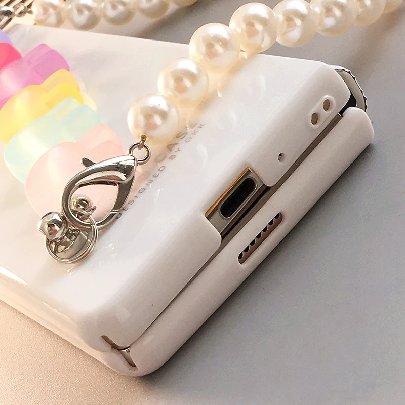 Top Quality Girl Fashion Cute Candy Bunny Bracelet Case Cover For Samsung Galaxy Z Fold 6 5 4 2 3 5G Pearl Hand Chain Back Cover