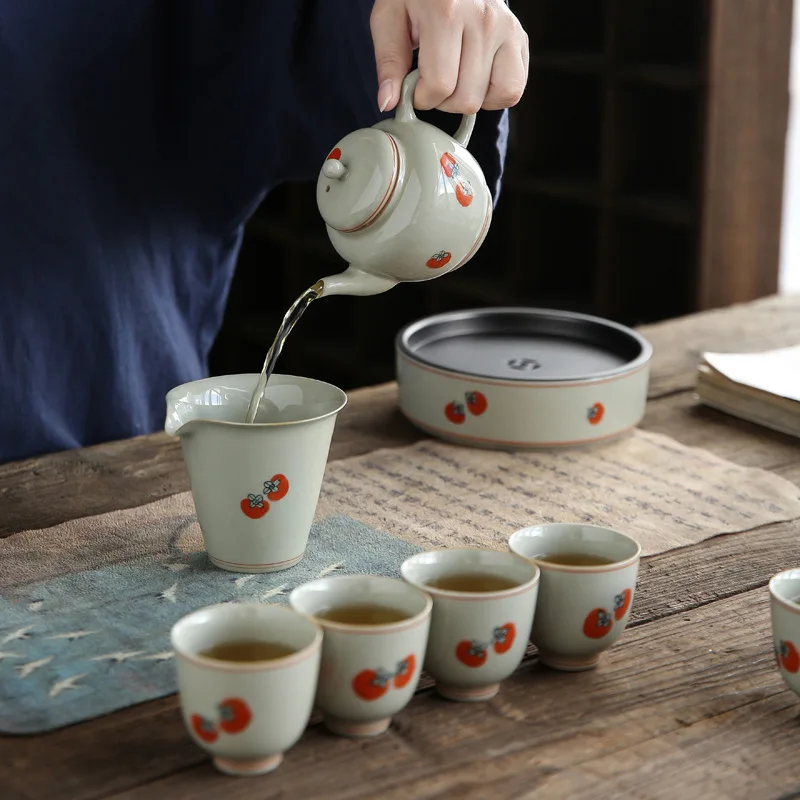Hand Painted Persimmon Tea Cup Kung Fu Tea Set Ceramic Fragrance-Smelling Cup Antique Grass and Wood Gray Single Cup