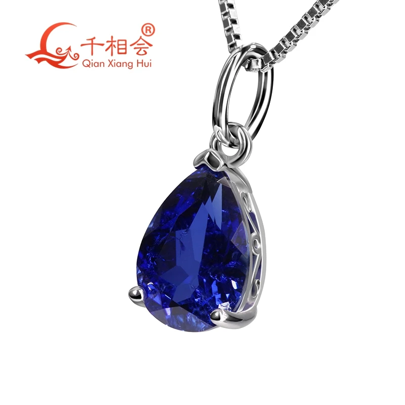 925 Silver Pear Shape 7x10mm Blue Artificial Sapphire Inclusions Main Stone Jewelry Pendant Necklace