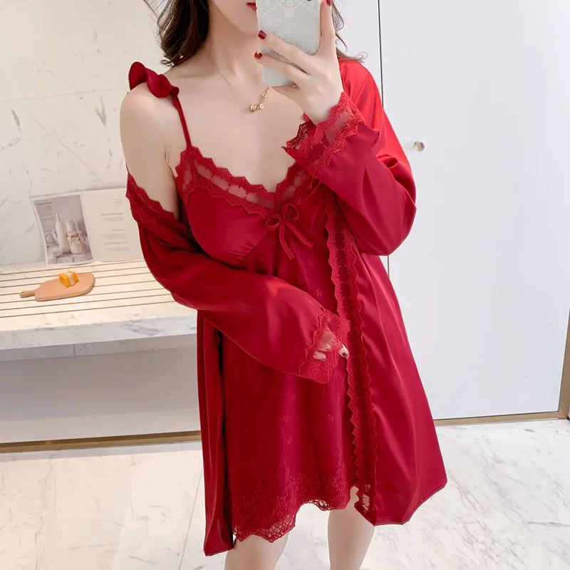 Bride Bridesmaid Wedding Robe Set Sexy Women Kimono Bathrobe Gown Sleepwear Lace Knee-Length Nightgown Loose Home Clothing