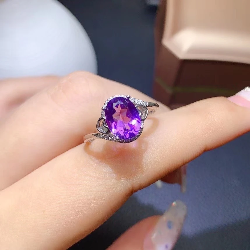 KJJEAXCMY fine jewelry 925 sterling silver inlaid Amethyst Women's elegant lovely fashion oval gem adjustable ring support check