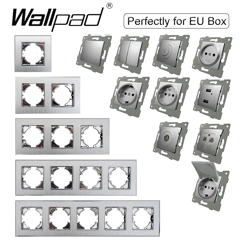 

Silver EU Metal Frame Electrical Socket Switch Grey DIY Button Reset Curtain USB EU French Data Wallpad L6 Wall Socket Round Box