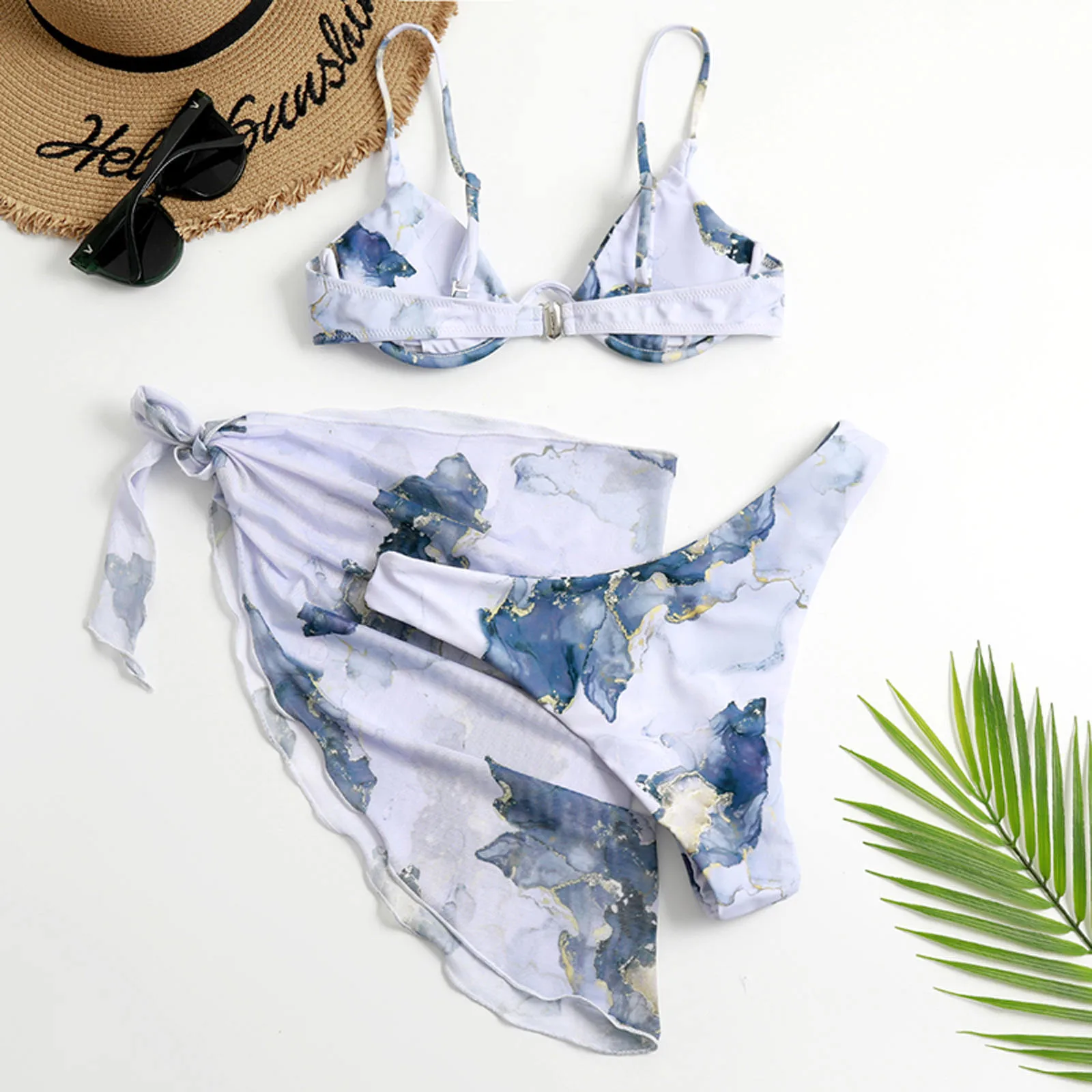 New In Women's Tie-dye Printed Cross-tie Chiffon Three-piece Sexy Split Bikini Swimsuit Biquinis Bathing Suits Sexy Bikini Set