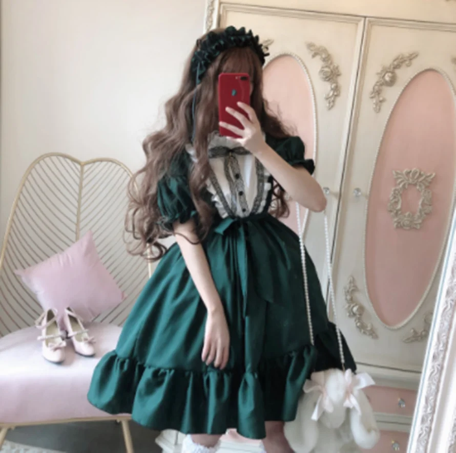 Robe gothique lolita op loli cosplay pour filles, kawaii, douce, vintage, en dentelle, nœud papillon, col rond, robe victorienne