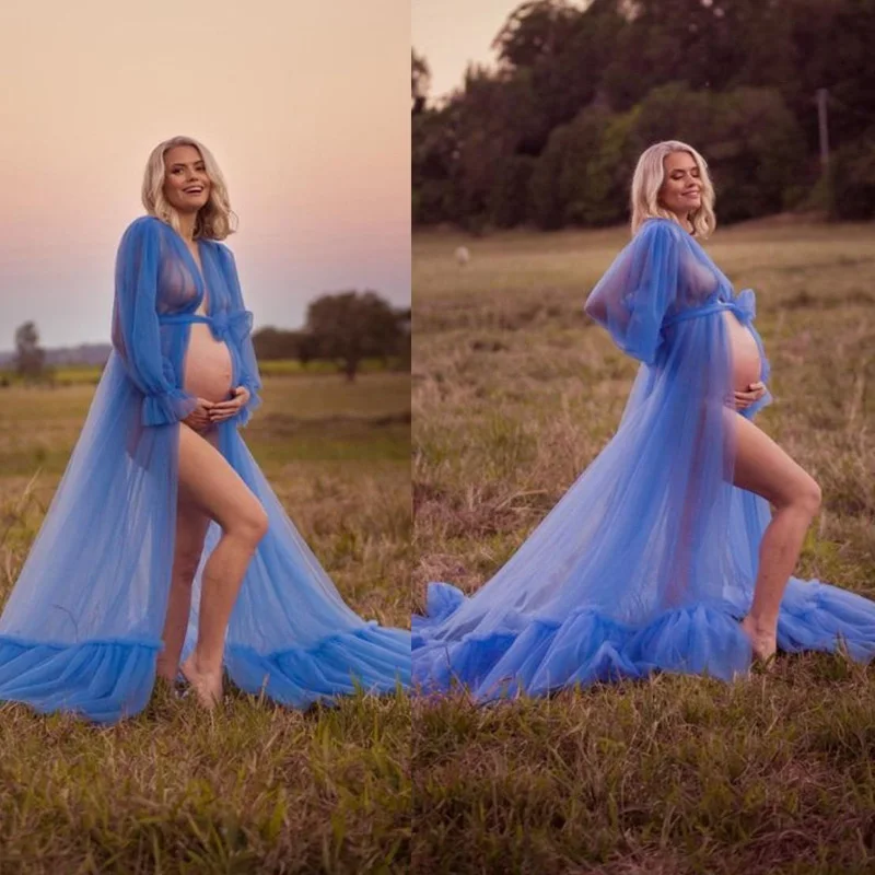 

Sexy Illusion Nightgowns Blue Pregnant Woman Long Sleeve Bath Robe Sleepwear Soft Tulle Bridal Bride Bridesmaid Robes For Weddin