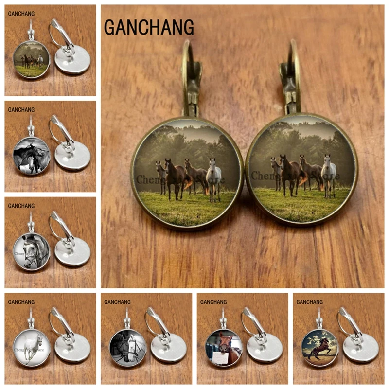 Popular animal Pentium horse earrings round mustang glass convex round earrings, handmade jewelry