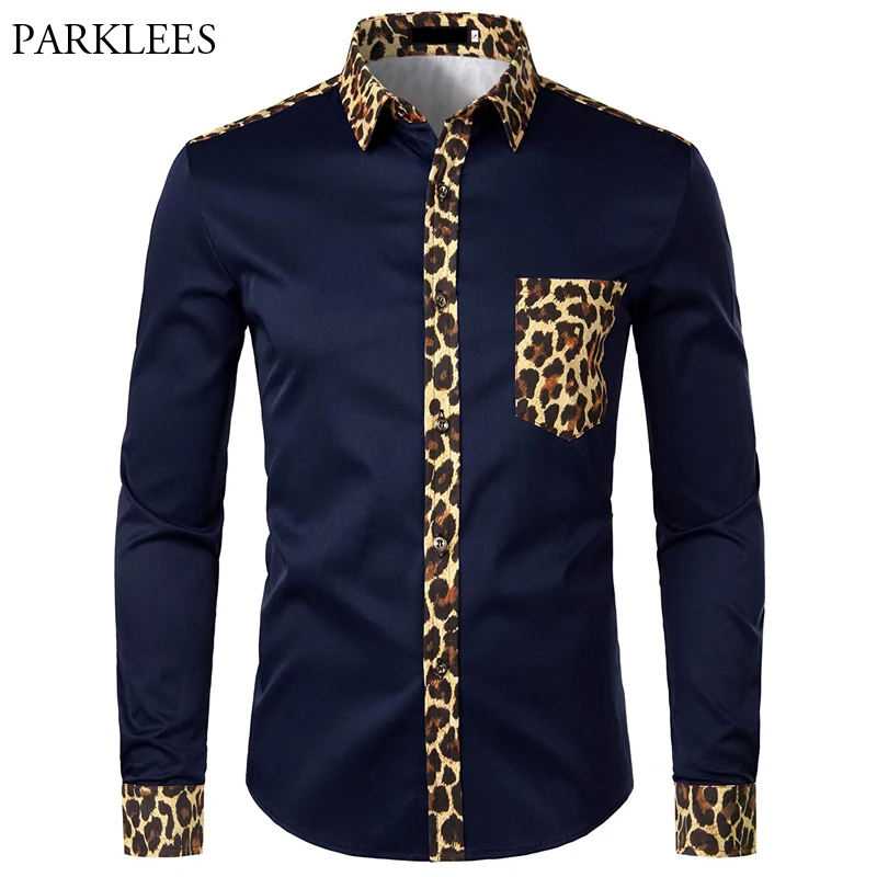 Men Splice Leopard Printed Shirt with Pocket Men Dress Shirt Long Sleeve Men Fashion Brand Mens Button Shirts Camisas Hombre USA