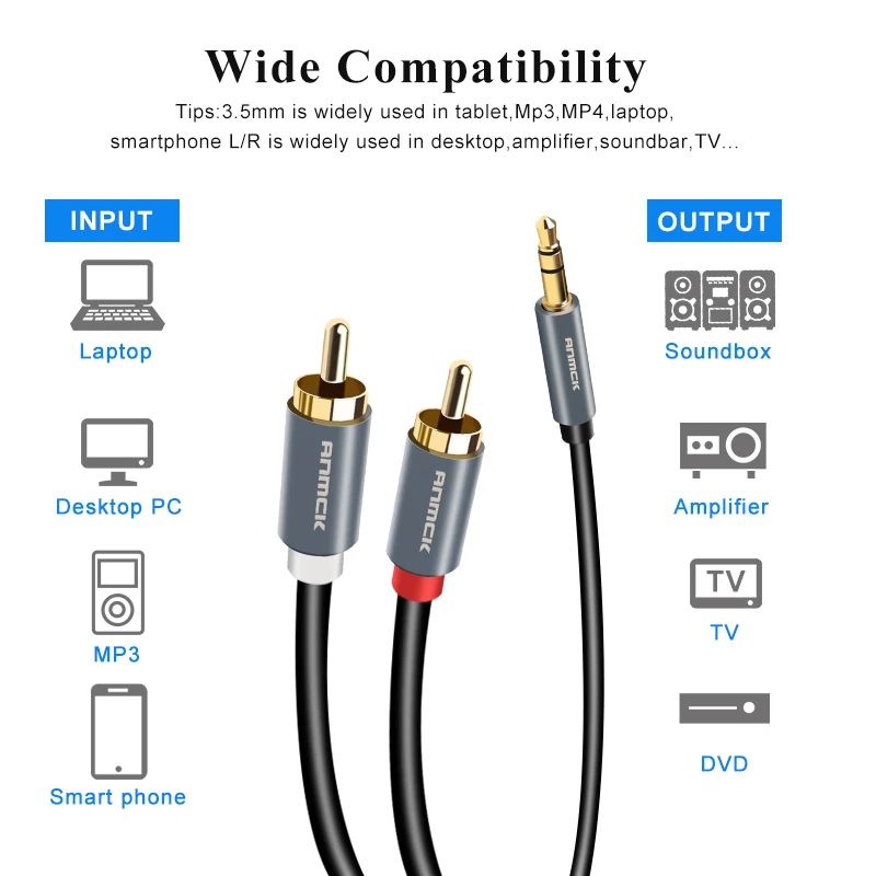 Anmck HIFI 3.5mm Jack Aux do 2 kabel rca kabel Audio 3m 5m 8m 10m do tv, pudełko przewód głośnikowy Subwoofer zestaw głośnikowy typu Soundbar