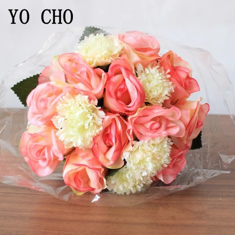 YO CHO 16pc Zijde Rose Anjer Kunstmatige Bloem Boeket Bruiloft Decoratie DIY Faux Flore Scrapbooking Craft Nep Bloem