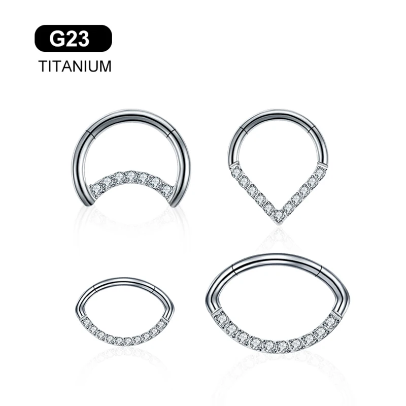 G23 Titanium Septum Piercing Surgical Metal Ear Stud CZ Stone Clicker Cartilage Tragus Moon Water Droplets Segment Ring 16G