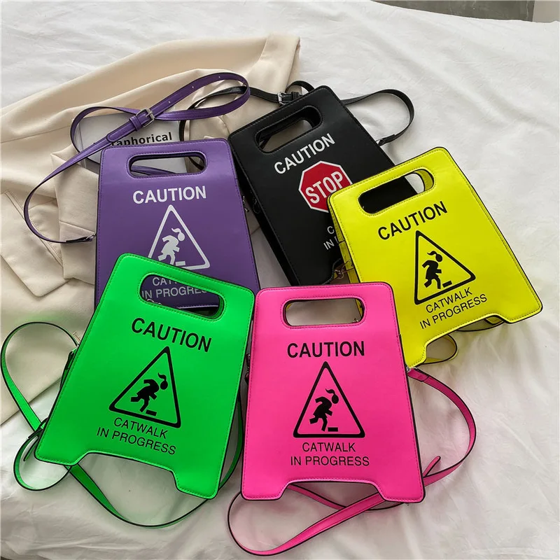 Novelty Shoulder Bag Fashion Caution Tote Handbags Novelty Stop Sign Purse Caution Shoulder Bag for Women Girls