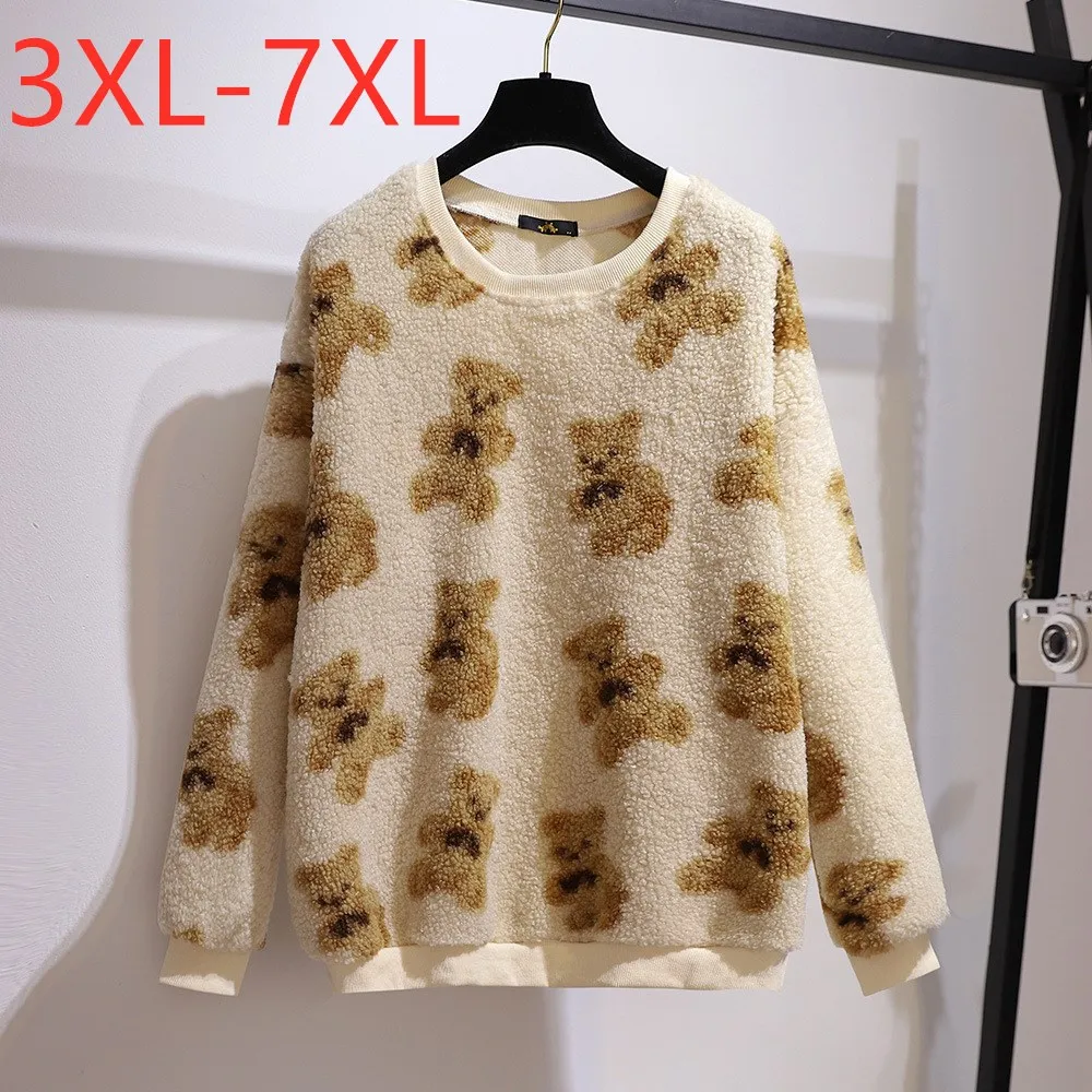 

New 2021 Autumn Winter Plus Size Women Clothing Tops Large Long Sleeve Loose Print Fleece Thick Warm T-shirt 3XL 4XL 5XL 6XL 7XL