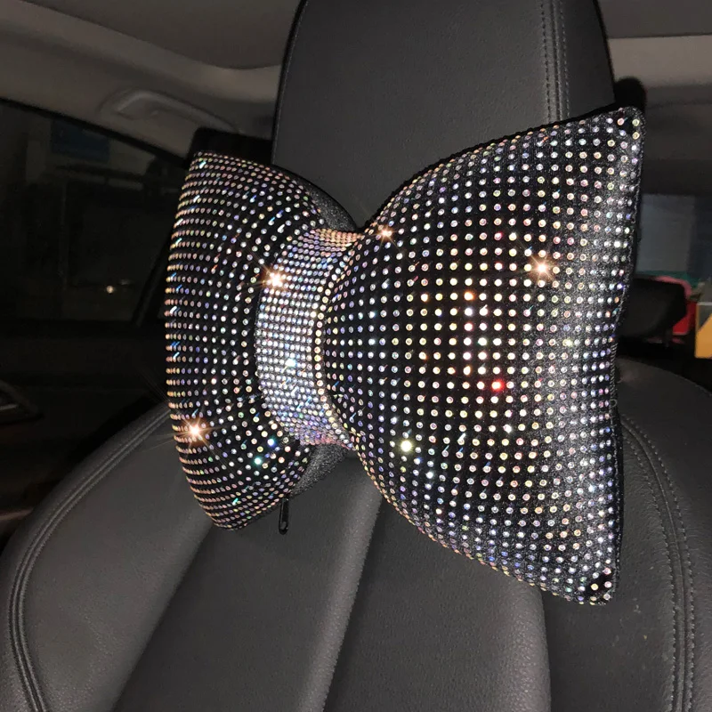 1PC Diamond Crystal Bowknot Samochodowa poduszka pod szyję Rhinestone Automatyczny zagłówek Poduszki pod talię Bling Akcesoria samochodowe dla kobiet