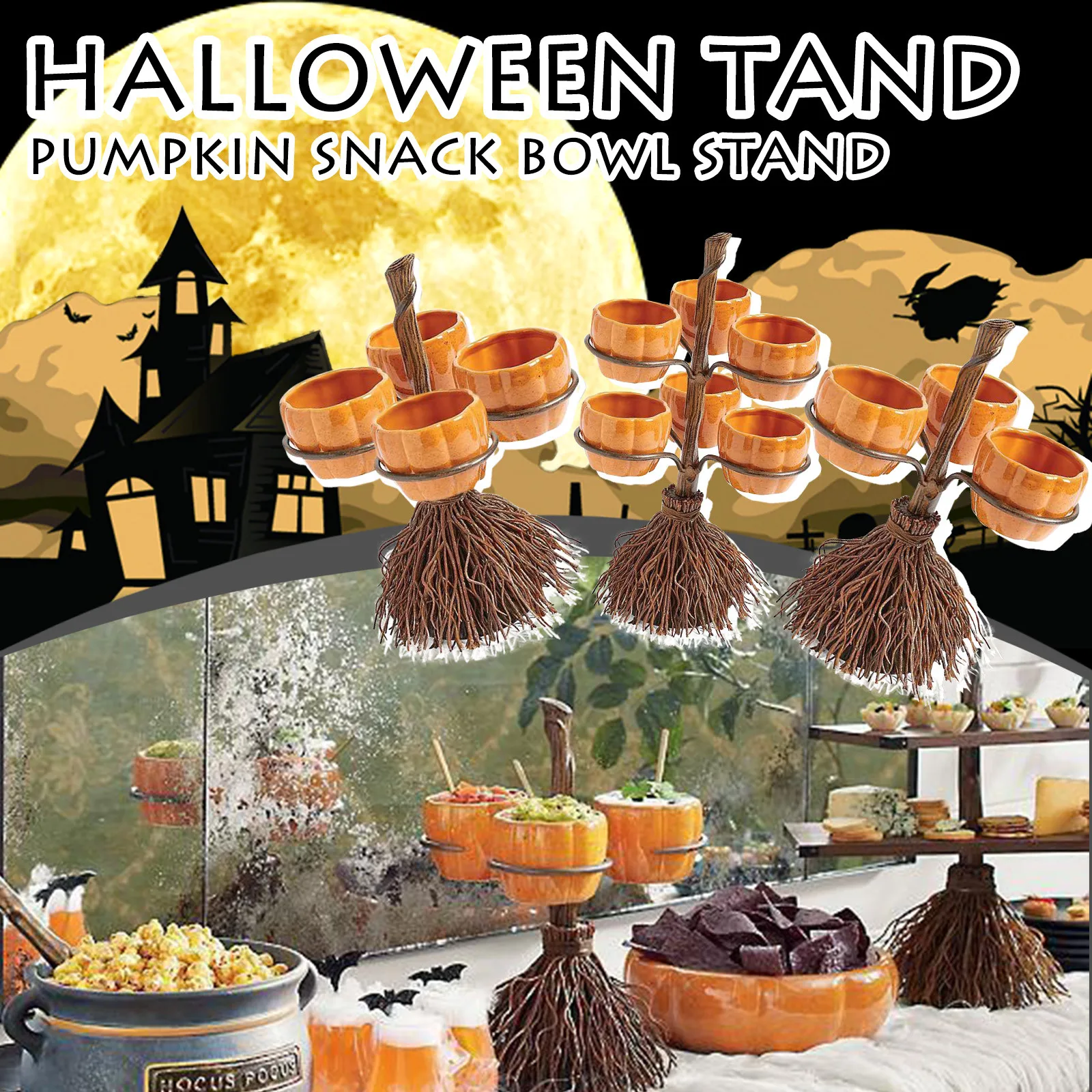 Broomstick Snack Bowl Stand Witch Hands Snack Bowl Halloween Pumpkin Snack Bowl Stand Halloween Party Creative Snack Basket