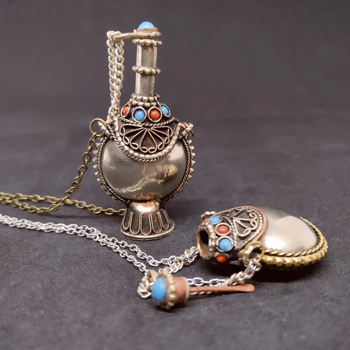 Antique Jar Pendant Necklace Cupronickel Necklac Vintage Inlaid Coral Stone Turquoise Gothic Accessories Jewlery Gifts