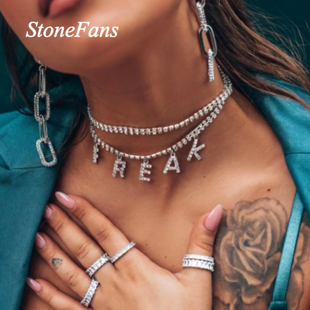 Stonefans FREAK NASTY Letter Rhinestone Necklace Pendant Choker for Women Fashion Crystal Double Layer Necklace Chain Jewelry