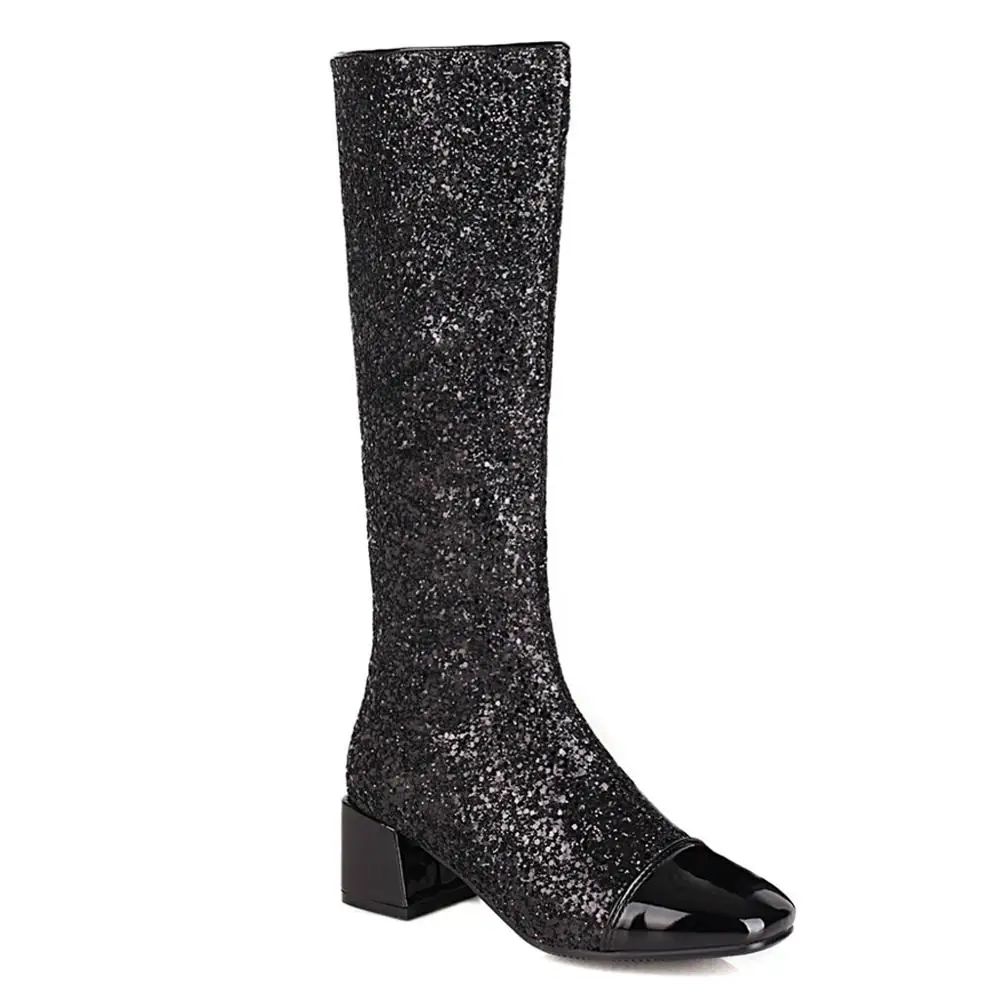 Glitter Stitching Patent Leather Knee-Length Boots Sequined Thick Heel Square Toe Shiny Women\'s Boots Winter Short Plush Shoes