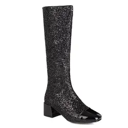 Glitter Stitching Patent Leather Knee-Length Boots Sequined Thick Heel Square Toe Shiny Women's Boots Winter Short Plush Shoes