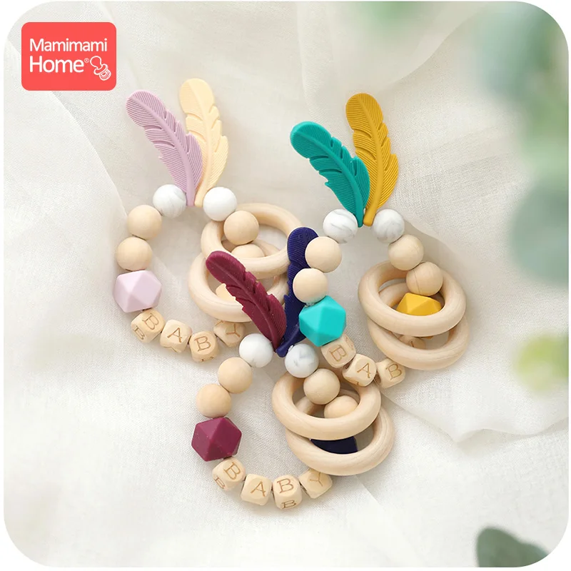 1pc Baby Teether Rattle Silicone Beads Feather Wooden Teether Tiny Rod Baby Mobile Toy BPA Free Customize Silicone Teething Toys