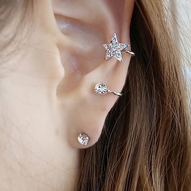 1PCS Simple Crystal Star Shape Zircon Ear Cuff For Women Charming Gold Color Leaf Clip on Earrings  Without Piercing Jewelry