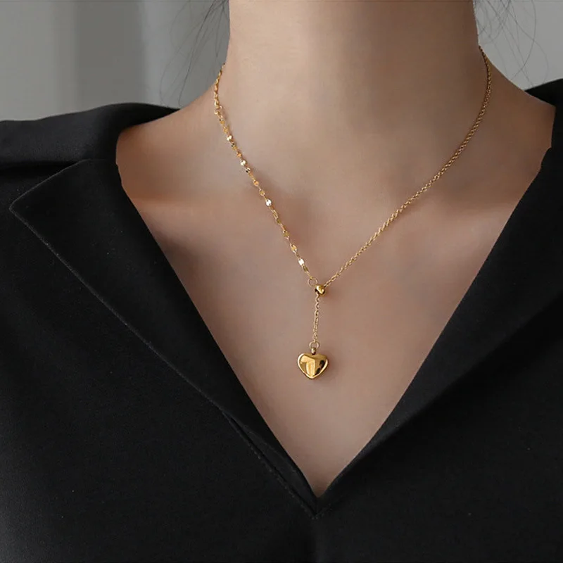 

316L Stainless Steel Fashion Fine Jewelry Gold Color Lovers Vintage Love Heart Charms Chain Choker Necklaces Pendants For Women