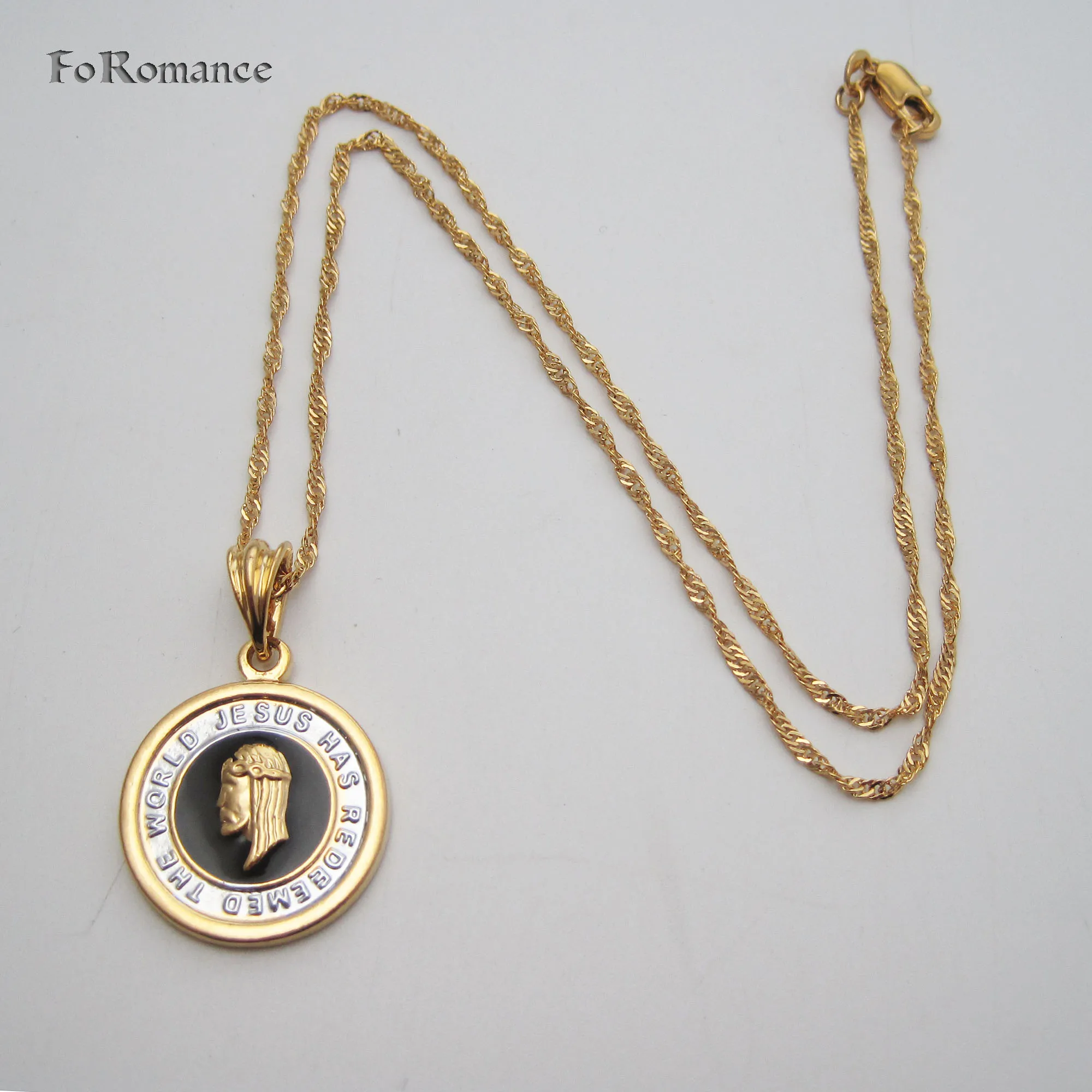 YELLOW GOLD PLATED 18INCH WATER WAVE NECKLACE & JESUS HEAD GOD TWO TONES BLACK ENAMELLED PENDANT NECKLACE GREAT GIFT