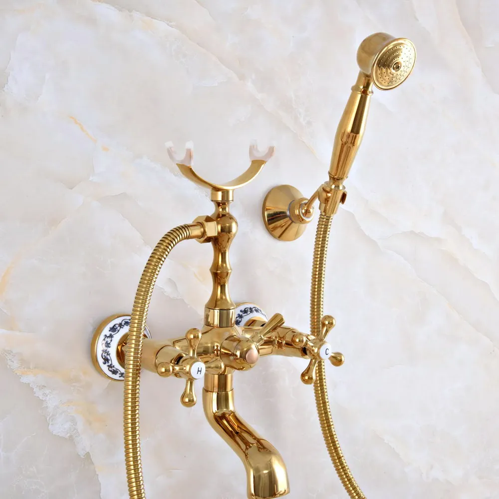 Polished Gold Brass Double Handle Wall Mounted Bathroom Bath Tub Faucet Set with 150CM Hand Held Shower Spray Mixer Tap 2na918