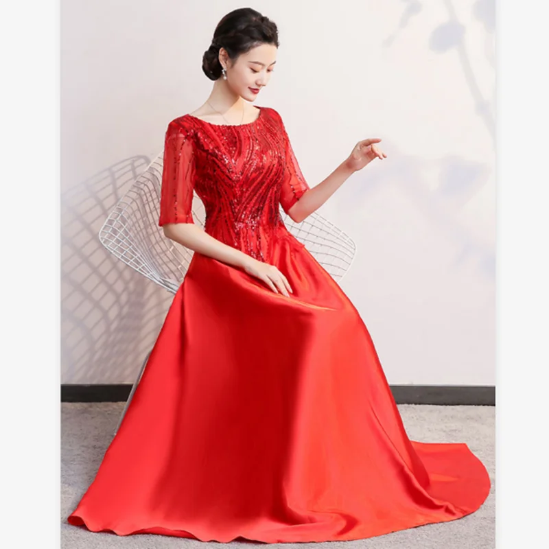 DLH-65#Cantata Performance Dress Wholesale Female Long Middle-aged Elderly Choir Host Evening Dresses Golden Wine Red Sequins