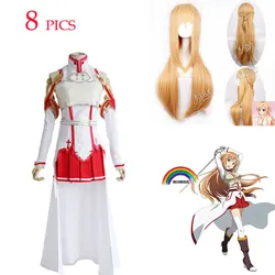 Anime Sword Art Online Asuna Yuuki Dress Cosplay Costumes Uniform for Halloween SAO Asuna Battle Suit Outfits Full Set with Wig