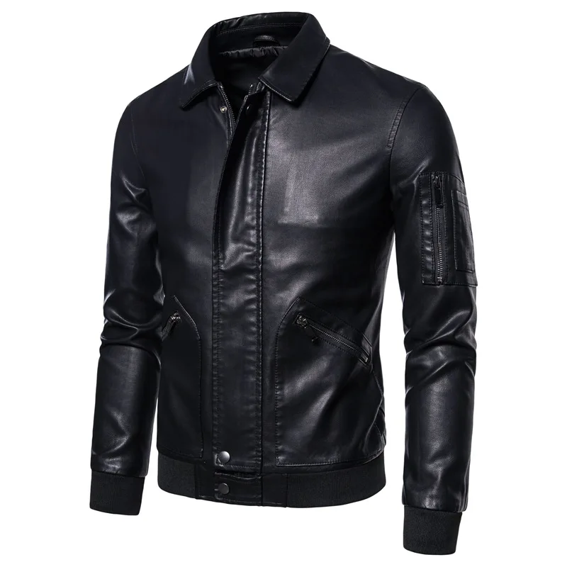 

New Casual Leather Jacket Simple Motorcycle Leather Jacket Men PU Coat Slim Fit Black Leather Biker Jacket Male