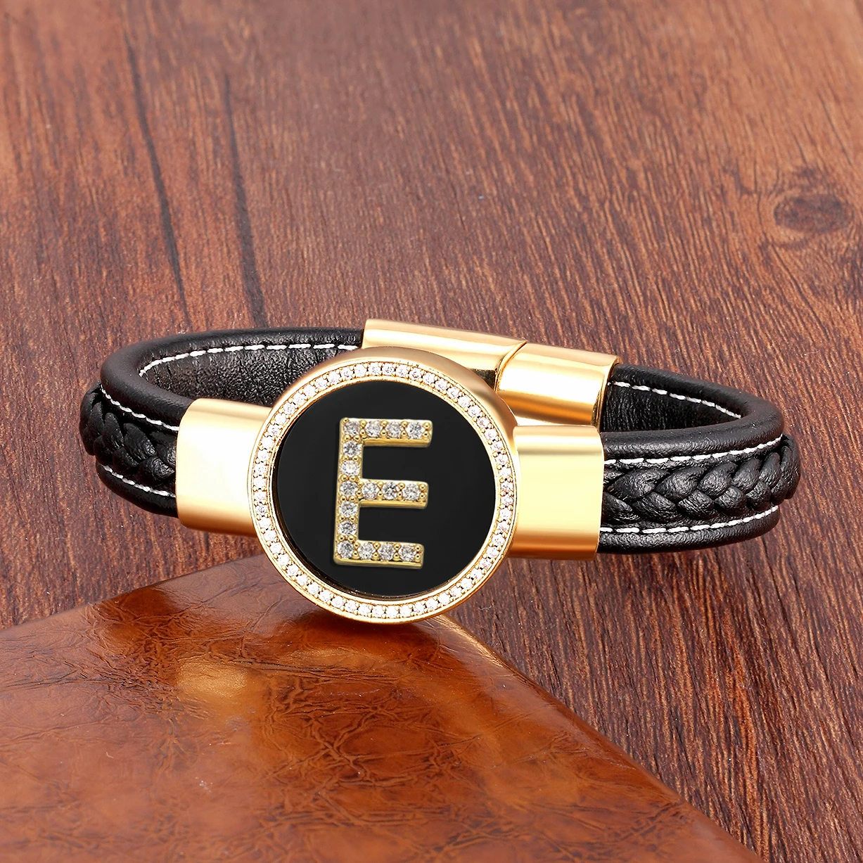 Cubic Zirconia Initial Letter Bracelet For Men Round Natural Stone Black Woven Leather Rope Chain CZ Alphabet Bracelets Jewelry