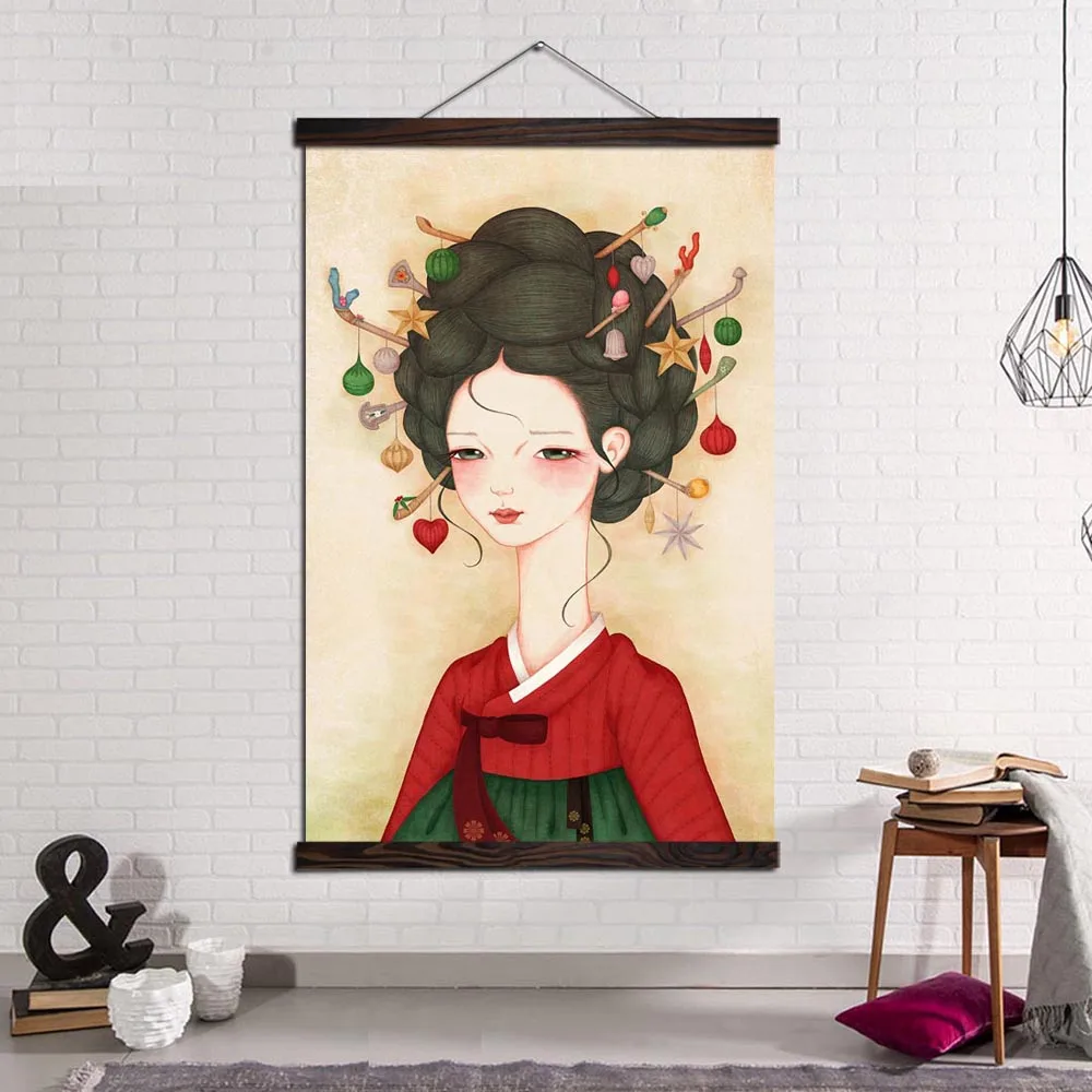 

Wall Art Picture Prints and Posters Canvas Painting Home Decoration for Living Room Retro Traditional Korean Hanbok Girl