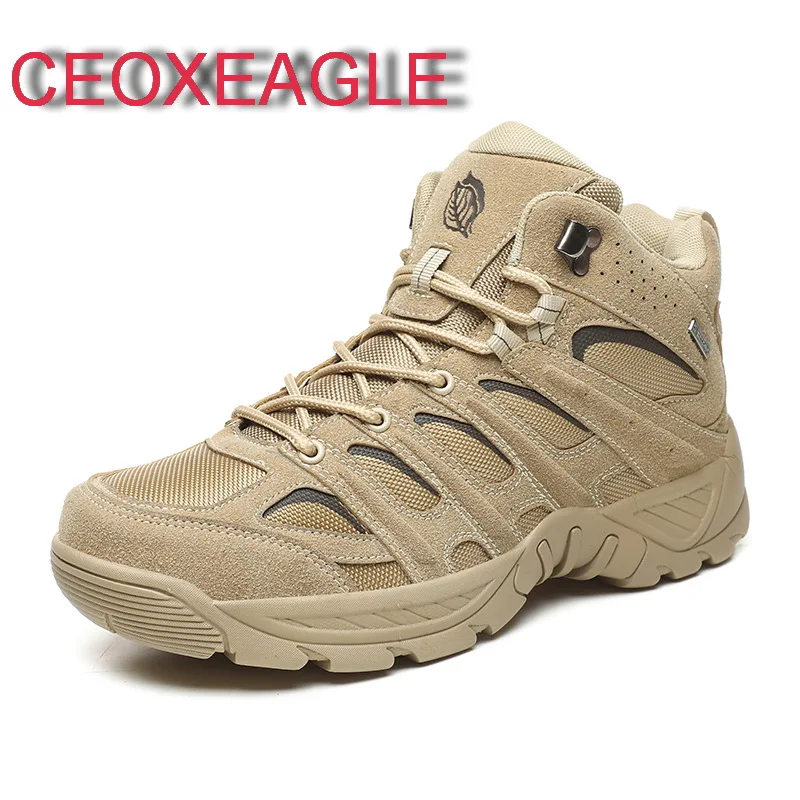 

Men Hiking Shoes Men Comfy Trekking Boots Men Trail Camping Climbing Hunting Sneakers Mid-Top Split Leather Outdoor Sneaker