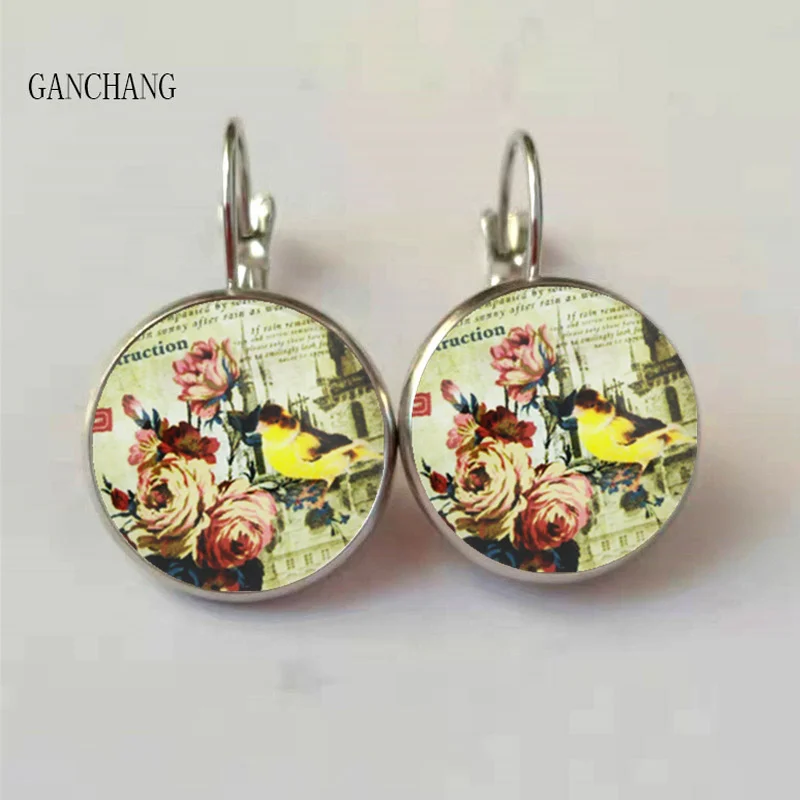 new rose earrings beautiful rose retro round glass handmade photo earrings ladies jewelry